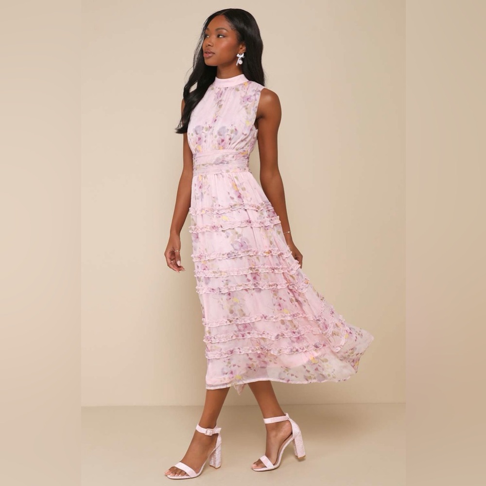 Lulus Happily Sweet Eden Light Pink Floral Sleeveless Ruffle Chiffon Midi Dress - Picture 8 of 10